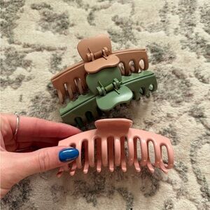 Set of Three Hair Claw Clips in Green and Pink